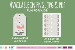 Halloween llama ghost favor tags available in PNG, JPG and PDF formats, with individual tag and sheet preview.