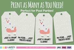 Halloween llama ghost printable party favor tags with kid-friendly ghost llama design and funny phrases.