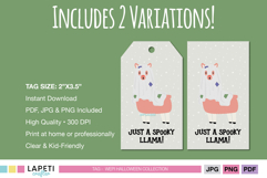 Two variations of Halloween llama ghost gift tags, featuring a cute llama in ghost costume with text “Just a Spooky Llama”.