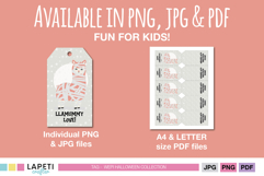 Halloween llama mummy favor tags available in PNG, JPG and PDF formats, showing individual tag and printable sheet.