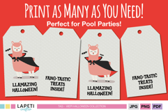 Halloween llama printable party favor tags with vampire llama and text, displayed as cut-out examples.