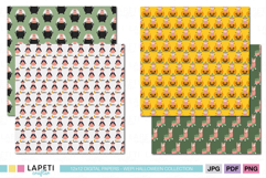 Halloween digital papers with kawaii llamas in witch hats, pumpkins, and cauldrons on green, white, and yellow backgrounds.