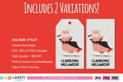 Two variations of Halloween llama gift tags, featuring vampire llama illustration and text &quot;Llamazing Halloween&quot;.