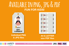Halloween llama witch favor tags available in PNG, JPG and PDF formats, with individual tag and sheet preview.