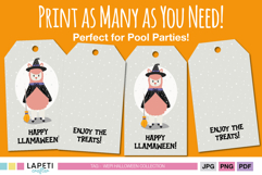 Halloween llama witch printable party favor tags with text “Happy Llamaween” and “Enjoy the Treats”.