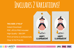 Two variations of Halloween llama witch gift tags, featuring pink llama in witch costume with hat and cape.
