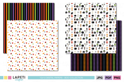 Cute Halloween printable papers featuring colorful stripes and playful spooky patterns.