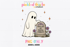 Spooky season design showing a ghost next to a tombstone reading "Here Lies My Mental Stability" with purple flowers and vintage details.