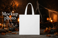 Halloween Tote Bag Mockup White bag Black Pumpkin Backdrop Product Image 1