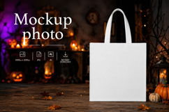 Halloween Tote Bag Mockup Photo White bag Pumpkin dark back Product Image 1
