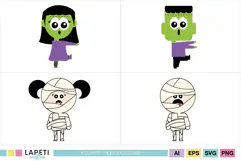 Coordinated collection of four cheerful Halloween costume characters for creating cupcake toppers, treat bag tags and party banners.