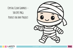 Cute mummy boy clipart in kawaii Halloween style, wrapped in bandages, smiling character.