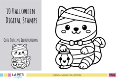 Cute mummy cat digital stamp for Halloween crafts, kawaii outline style with pumpkin bucket.