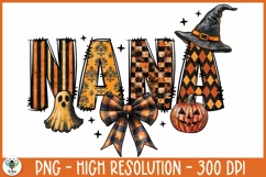Doodle letters spelling out Nana filled with orange and black patterns and Halloween elements