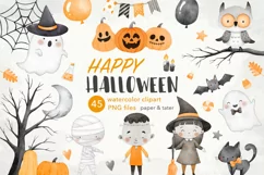 Happy Halloween Watercolor Clipart, Halloween Monsters PNG Product Image 1