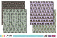 Halloween animal pattern digital paper with cute owls, bats and frogs wearing witch hats, in pastel palette.
