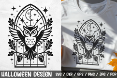 A unique Gothic owl design in a stained glass window with a moon, stars, leaves, and acorns. Perfect for making t-shirts, hoodies, decor, posters, mugs, and other Halloween DIY projects.
