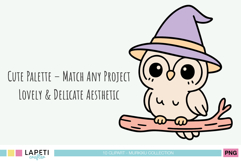 Cute pastel owl with a witch hat sitting on a branch, lovely Halloween clipart for kids and fall projects.