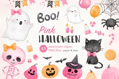 Pink Halloween Watercolor Clipart, Pastel Halloween Girl PNG Product Image 1