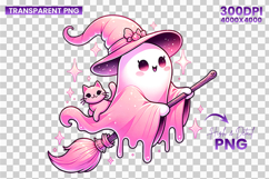 halloween pink witch ghost png, pastel witch ghost clipart, kawaii halloween sublimation, girly halloween ghost design, cute witch hat ghost png, halloween sublimation clipart, pink halloween ghost art, spooky cute pastel halloween, witchy ghost png, hall