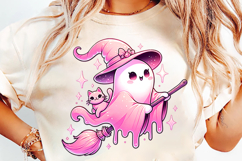 halloween pink witch ghost png, pastel witch ghost clipart, kawaii halloween sublimation, girly halloween ghost design, cute witch hat ghost png, halloween sublimation clipart, pink halloween ghost art, spooky cute pastel halloween, witchy ghost png, hall