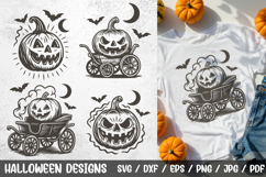 Halloween Pumpkin Carriage SVG – spooky vintage design set with jack o’lantern pumpkins, bats, and moon. Perfect for Cricut, Silhouette, t-shirts, mugs, cards, and Halloween crafts.