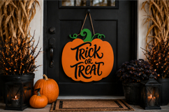 Halloween craft graphic featuring a rounded pumpkin silhouette, green curling stem and flowing Trick or Treat lettering in black.