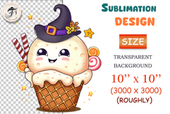 Cute Halloween clipart of a pumpkin ice cream scoop with whipped cream, candy, bat, and waffle cone. Perfect kawaii sublimation PNG for stickers, t-shirts, invitations, and crafts.