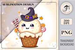 Cute Halloween clipart of a pumpkin ice cream scoop with whipped cream, candy, bat, and waffle cone. Perfect kawaii sublimation PNG for stickers, t-shirts, invitations, and crafts.