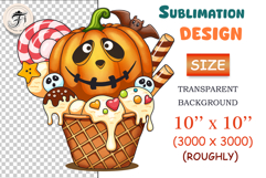 Halloween pumpkin ice cream illustration in a waffle cup with candy and witch hat. Cute spooky clipart for sublimation, stickers, party decor and Halloween printables.