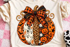 Halloween Pumpkin PNG, Leopard Print and Buffalo Plaid Bow w Product Image 1
