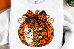 Halloween Pumpkin PNG, Leopard Print and Buffalo Plaid Bow w Product Image 2