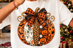 Halloween Pumpkin PNG, Leopard Print and Buffalo Plaid Bow w Product Image 3