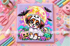 Halloween Puppy PNG in Ghost Costume with Pumpkins Product Image 1