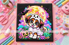 Halloween Puppy PNG in Ghost Costume with Pumpkins Product Image 2