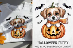 Adorable Halloween Puppy Sublimation PNG featuring a cute little dog sitting inside a jack-o’-lantern pumpkin and wearing a cozy scarf. Perfect for sublimation printing on t-shirts, mugs, tote bags, pillows, greeting cards, posters, and Halloween party de