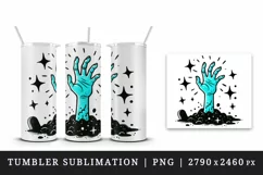Halloween quirky neon blue zombie hand coming out of ground surrounded sparkles print 20 oz tumbler mug wrap clipart printable sublimation design png