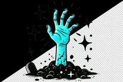 Halloween quirky neon blue zombie hand coming out of ground surrounded sparkles print 20 oz tumbler mug wrap clipart printable sublimation design png