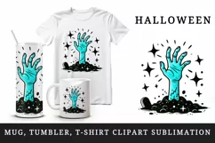 Halloween quirky neon blue zombie hand coming out of ground surrounded sparkles print 20 oz tumbler mug wrap clipart printable sublimation design png