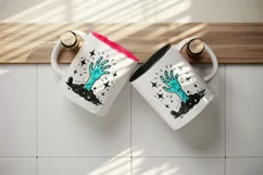 Halloween quirky neon blue zombie hand coming out of ground surrounded sparkles print 20 oz tumbler mug wrap clipart printable sublimation design png