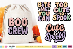 Set of 4 pastel Halloween quotes SVG designs including Boo Crew, Bite Me If You Can, Too Cute to Spook, and Cute &amp; Spooky.