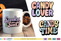 Cute pastel Halloween lettering SVG “Spooky &amp; Sweet” on white mug, kawaii Halloween quote design