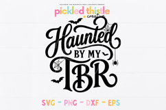 Halloween reader design with bold black typography, curled script letters, bats, web details, and the phrase “Haunted By My TBR.”