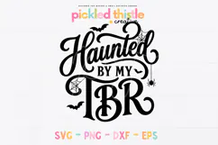 Halloween reader design with bold black typography, curled script letters, bats, web details, and the phrase “Haunted By My TBR.”