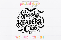 Spooky Readers Club typography design with gothic lettering, flying bats, and distressed texture on a white background.