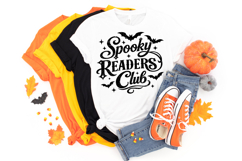Halloween reader PNG with gothic typography, decorative swirls, and flying bats for spooky season crafting and apparel.