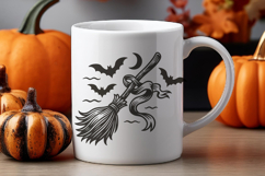 Halloween Retro Broom SVG in vintage style featuring a witch broomstick with ribbon, bats, and crescent moon. Perfect for Halloween crafts, t-shirts, mugs, posters, stickers, party invitations, and spooky home decor. Compatible with Cricut, Silhouette, an