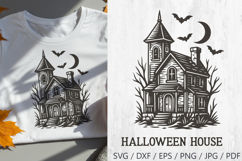 This Halloween Retro Haunted House SVG features a gothic spooky house with bats, moon, and eerie trees. Perfect for Halloween projects such as t-shirts, mugs, posters, invitations, stickers, and haunted house party decorations. Works with Cricut