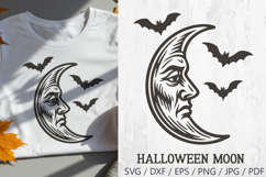 Halloween Retro Moon SVG in vintage style. A spooky crescent moon with a human face surrounded by flying bats. Perfect for Halloween projects such as t-shirts, mugs, posters, stickers, invitations, and gothic decor. Works with Cricut, Silhouette