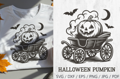 Halloween Retro Pumpkin SVG in a vintage style. Features a spooky Jack O’Lantern sitting inside an old-fashioned carriage, surrounded by bats, smoke, and a crescent moon. Perfect for Halloween crafts such as t-shirts, mugs, posters, stickers, invitations,